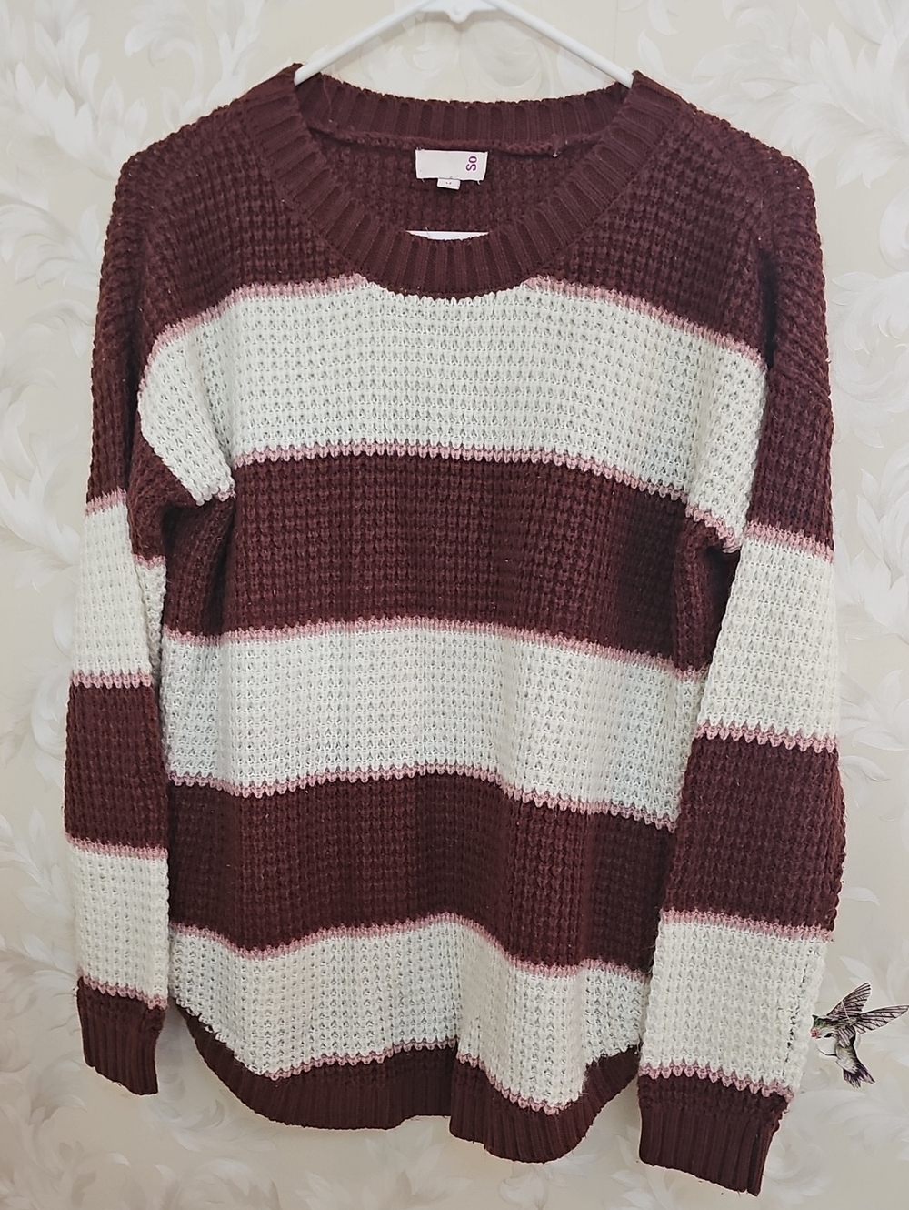 SO Maroon and Cream Striped Waffle-Knit Crewneck Sweater